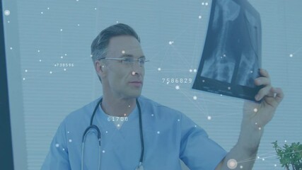 Medical professional interacting with digital data overlay and lifting X-ray film for health review - Powered by Adobe