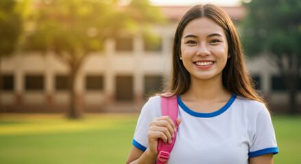 Smiling teenage girl wearing uniform in front of school with pink backpack on her back
