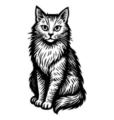 Detailed Black and White Engraving of a Fluffy Cat Sitting and Staring Front