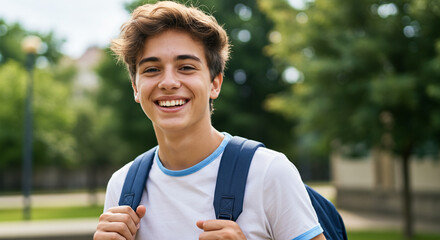 Smiling male teenager in front of school with backpack on his back