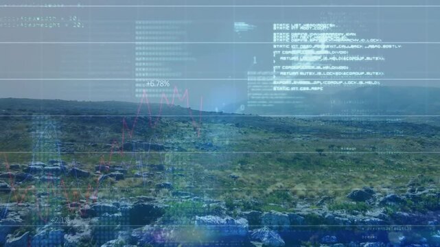 HUD overlays appearing, logs scrolling and graphs plotting metrics as camera rising revealing cliff
