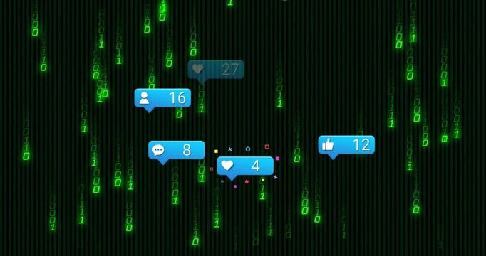 Falling binary code starting blue notification bubbles popping counts rising with confetti sparkle