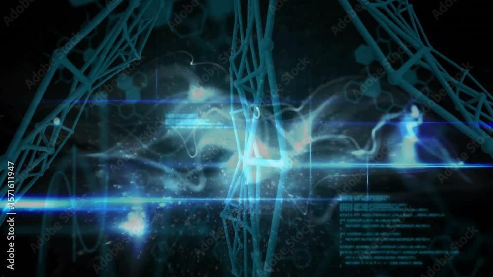 Poster faint blue lines sketching wireframe network while scrolling code and pulsing wave visualizing data
