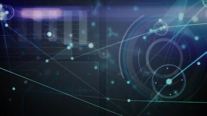 Digital network interface receiving nodes, bars pulsing, gauge rotating, processing data - Powered by Adobe