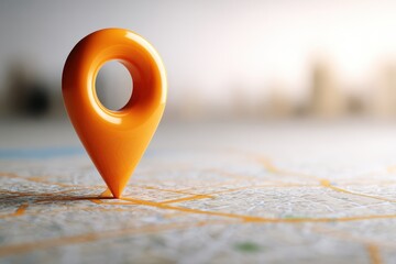 Minimalist design featuring an orange location pin on a map with a blurry urban background, suggesting exploration and navigation