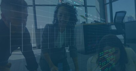 colleagues debating data over laptop, fading in financial chart overlay and pointing rising trend - Powered by Adobe