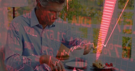 Man lifting coffee, tasting pastry and answering call prompted by ringtone with red stock chart