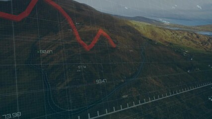 Opening aerial hillside showing grid number markers red trend line fluctuating for terrain analysis - Powered by Adobe