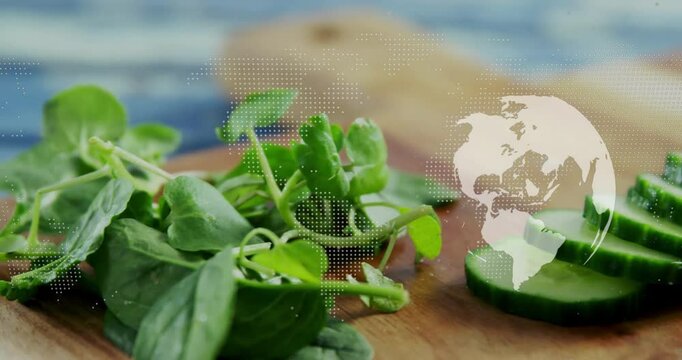 Digital globe overlay fading in, hand slicing cucumber into rounds beside herbs for demo