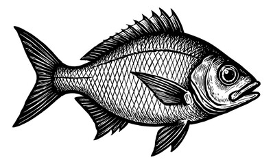 Obraz premium Detailed Black and White Engraving Illustration of a Fish Viewed from the Side