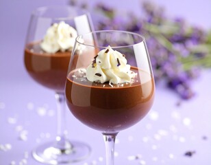 Vaso de vidrio con mousse de chocolate oscuro decorado con crema batida y virutas.