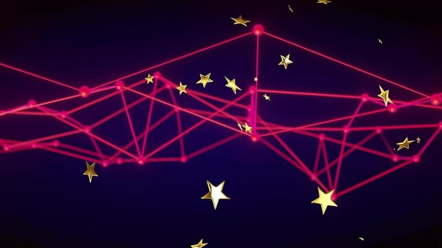red network fading in initiating pulsing peaks and drifting golden stars showing flow in dark void - Powered by Adobe