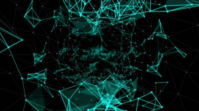 Scattered teal dots starting lines stretching, pulsing 3D triangular mesh showing network growth