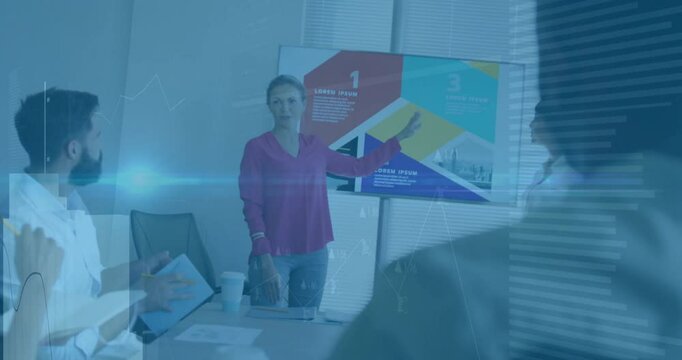 Business meeting opening presenter highlighting chart for planning while attendee reviewing tablet