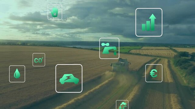 Combine harvester entering right triggers icons appearing above field showing green data updating