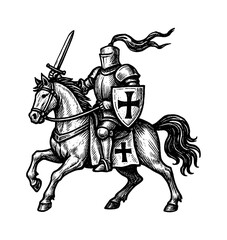 Engraved Illustration of a Medieval Knight Riding a Horse with Sword and Shield
