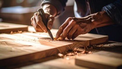Obraz premium Close-up of skilled hands carving wood