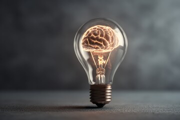 Creative light bulb design showcasing a glowing brain inside, symbolizing innovative thinking and enlightenment in ideas and knowledge generation