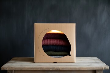 Stacked knitwear in cardboard packaging cardboard box