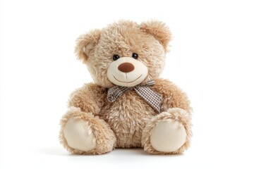 Soft teddy bear sitting on a white background, charming plush toy designed for children and a perfect gift for any occasion or decoration in a nursery