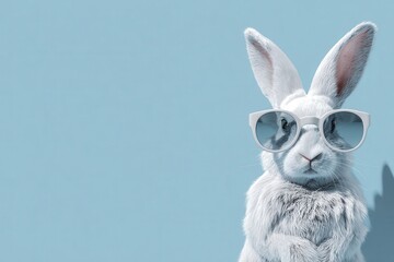 Abstract representation of a white rabbit wearing stylish sunglasses against a blue background, showcasing modern creative art and playful elements in visual design