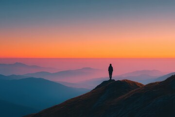 View from the summit as a person stands on a mountain ridge at sunset, gazing over layers of distant hills and a colorful sky filled with hues of orange and purple