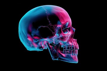 Neon skull design showcasing vibrant colors against a black background emphasizing intricate details and artistic interpretation