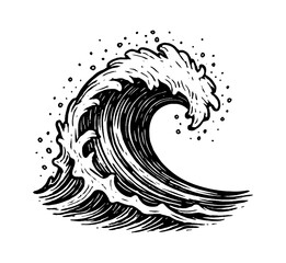 Hand Drawn Black and White Vector Illustration of a Large Ocean Wave
