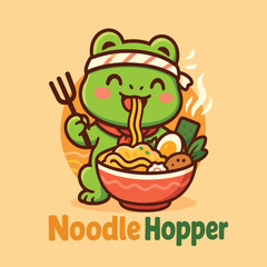 Noodle Hopper Adorable Happy Frog Enjoying Ramen Bowl Cartoon Mascot Vector Illustration