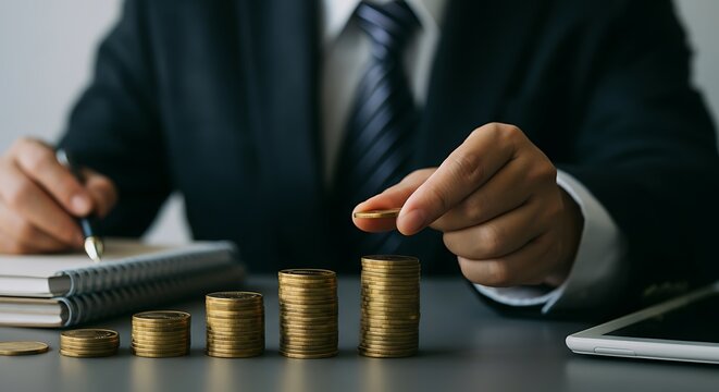 A close-up image of a businessman placing a coin on top of a stack of coins that are growing progressively taller.