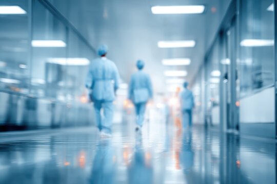 Medical professionals walking through a hospital corridor wearing scrubs in a busy healthcare environment during the day