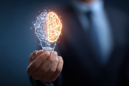 Glowing lightbulb symbolizing futuristic innovation and technology with a brain design held by a suited individual in a modern setting