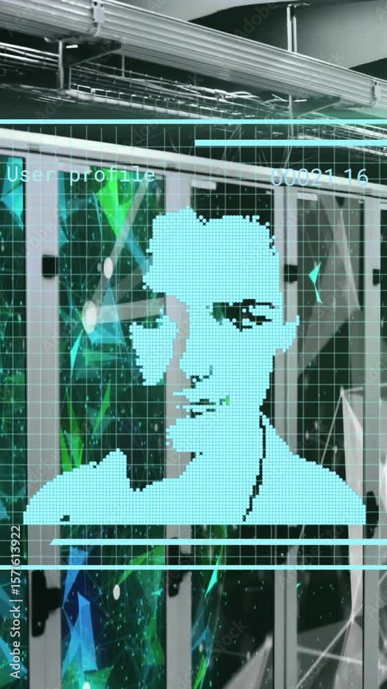 Poster animation of biometric photo and data processing over computer servers