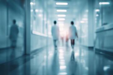 Abstract blurred representation of a doctor and a patient walking through a hospital corridor during a routine health check-up, illustrating the atmosphere of medical care and compassion