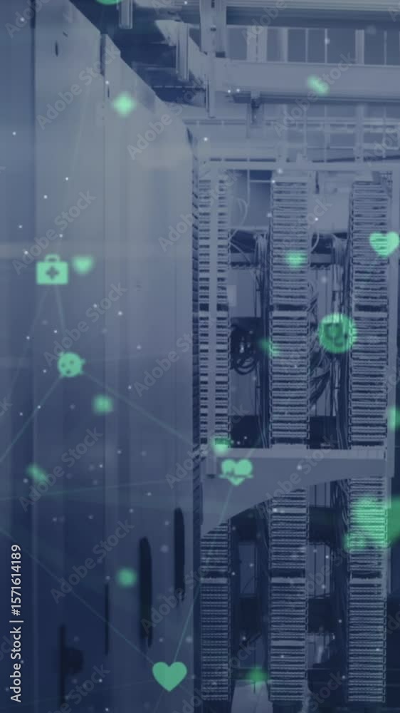 Poster animation of data processing and network of connections over server room