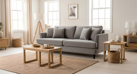 Fototapeta premium Contemporary Living Room with Gray Sofa, Natural Light, and Minimalist Decor Arrangement