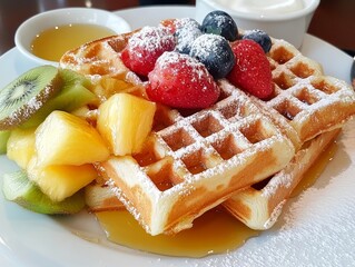 Thin crispy waffles served with honey and fresh fruit
