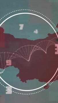 Animation of dna strand spinning and numbers processing over map of china