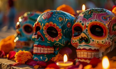 calaveras, intricately decorated sugar skulls adorned with vibrant colors and patterns