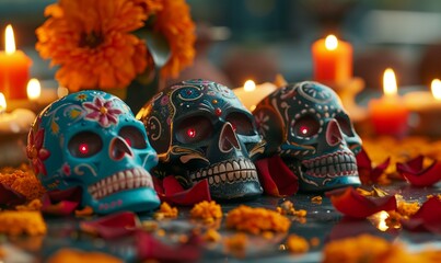 calaveras, intricately decorated sugar skulls adorned with vibrant colors and patterns