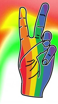 Animation of rainbow peace gesture over colourful background