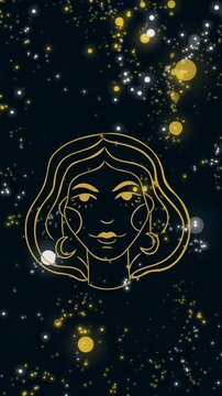 Animation of woman's face representing virgo zodiac sign against floating illuminated lens flares