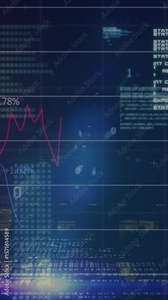 Poster animation of graphs with data processing on digital interface against building at night