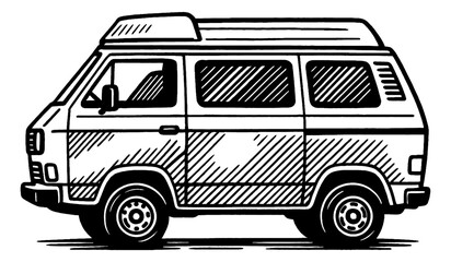 Illustration of Classic Camper Van in Black and White Line Art Vector