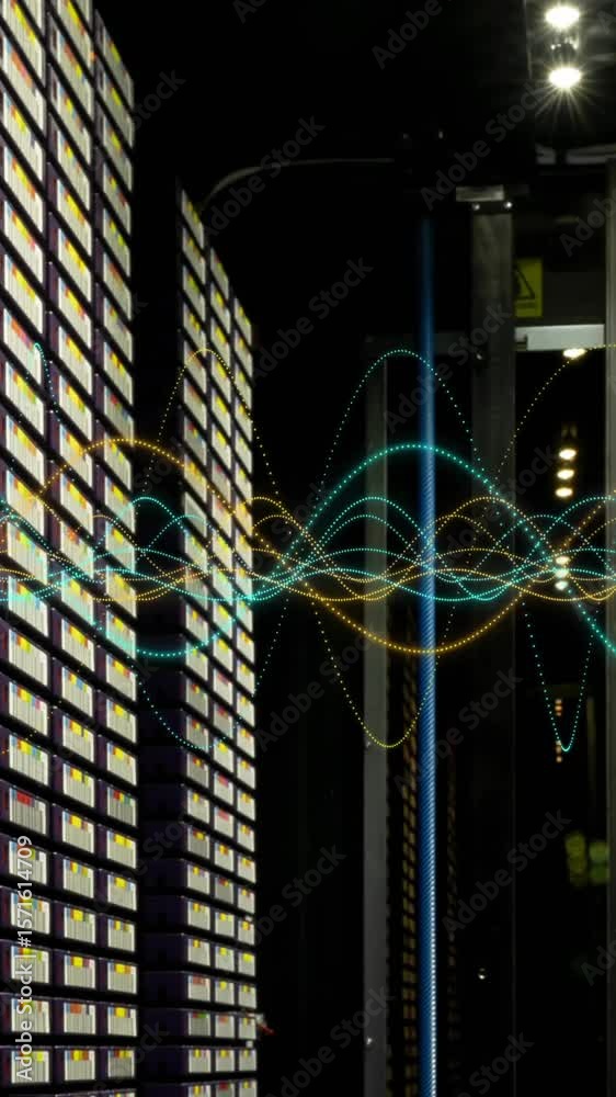 Poster animation of multicolored graphs over data server racks in big server room