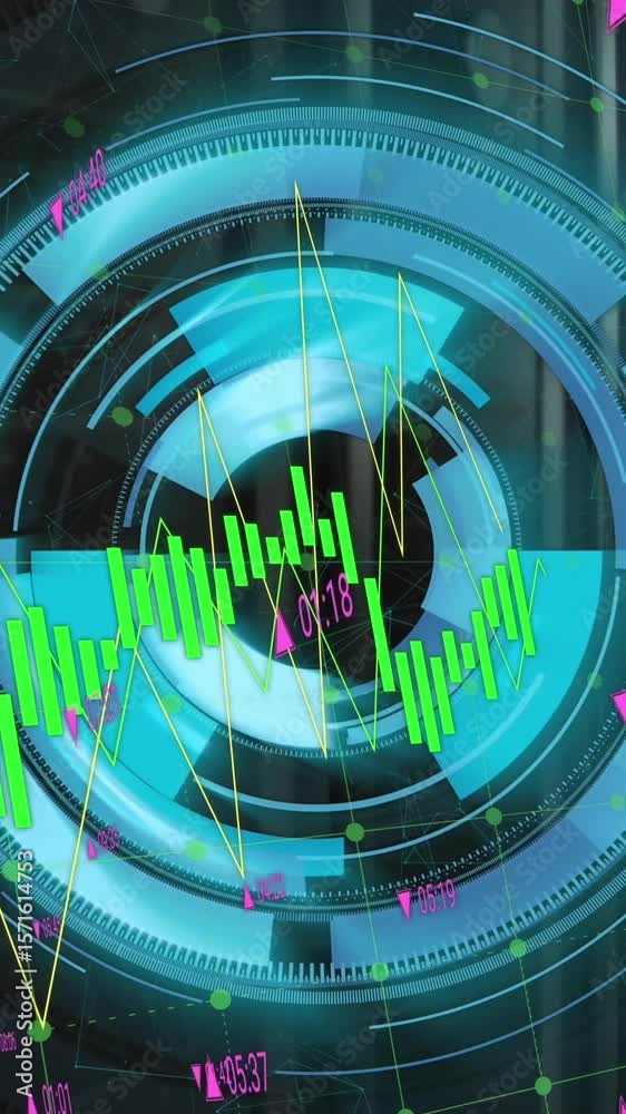 Poster animation of loading circles with numbers and multiple graphs over network server room