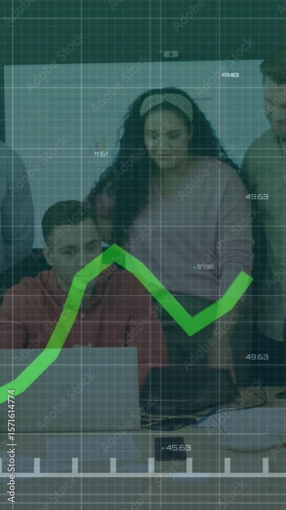 Poster animation of statistical data processing over diverse colleagues discussing together at office
