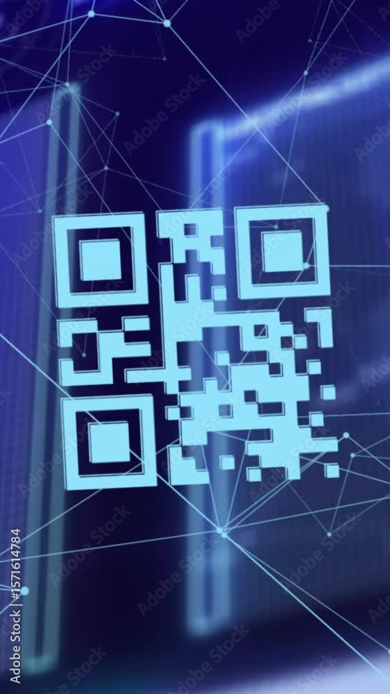 Poster animation of looping qr codes, connected dots with globe, computer language over abstract background