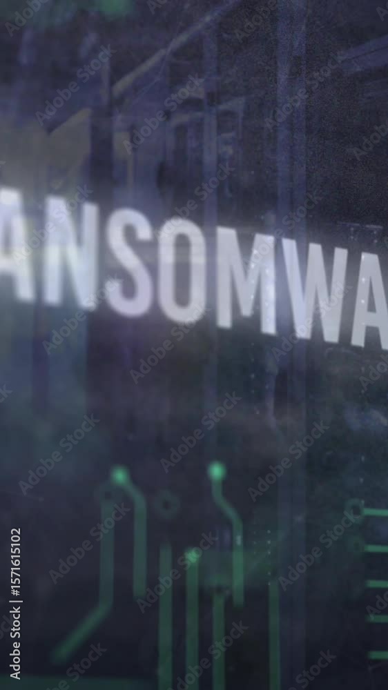 Poster animation of ransomware text, computer language, binary codes, circuit board pattern, server room