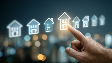 A hand interacts with a digital interface showcasing real estate ratings and reviews, emphasizing property assessments and customer experiences--ideal for real estate platforms and customer feedback 